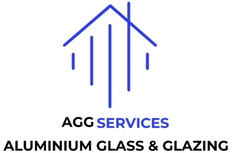 AGG Services logo featuring a minimalist house design in blue with the tagline Aluminium Glass and Glazing highlighting premium architectural and construction services.